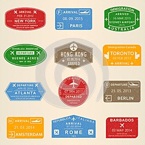 Visa stamp set. Passport travel stamps with New York, Amsterdam, Toronto, Sydney, Paris, Berlin, Hong Kong and Rome airports. Vect